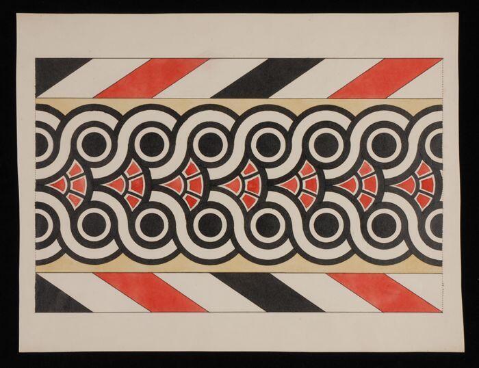 Ontwerptekening, symmetrische ornamentele rand in zwarte inkt en deels in rode en zandkleurige…