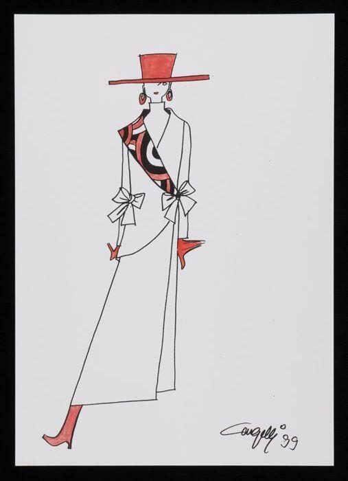 Mode-tekening, ontwerptekening in gemengde technieken op wit papier, "Cargelli 99"
