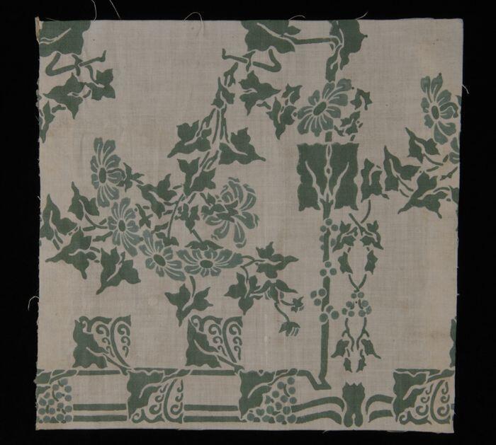 Stofstaal, katoen met dessin met bloemen in twee tinen groen, Kralingse katoenaatschappij, "2244"