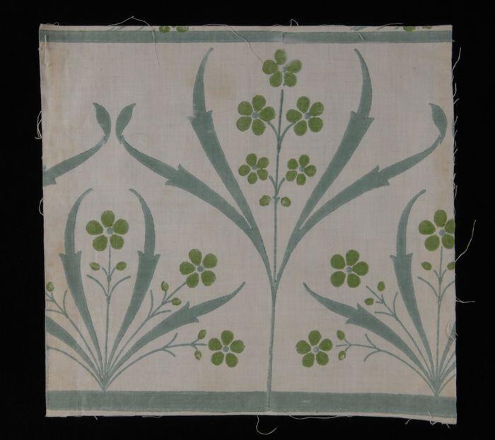Stofstaal, katoen met dessin van bloemen in twee tinen groen, Kralingse katoenaatschappij, "2134"