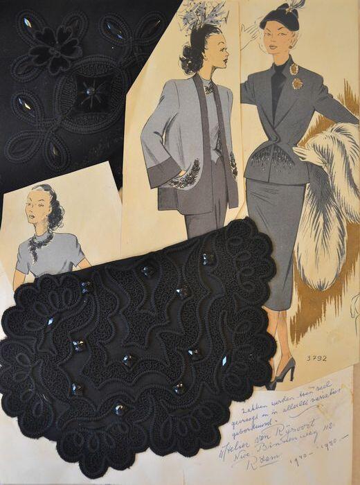 Stalenblad met collage met twee opgeplakte zwarte borduurstalen met soutache en giten, Atelier Van…