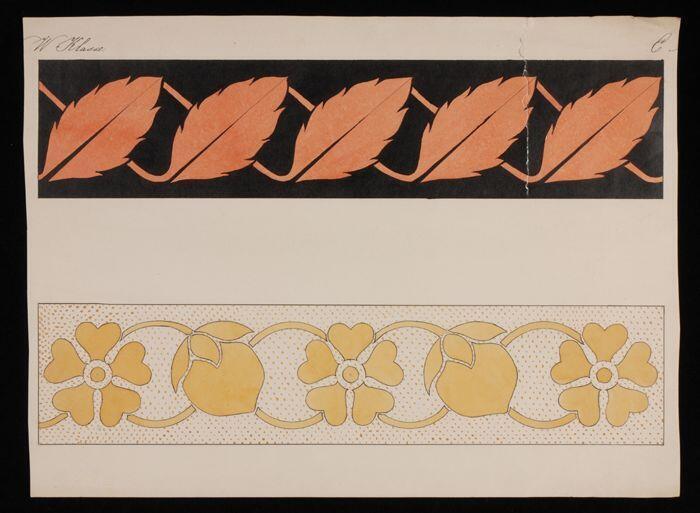 Ontwerptekening met twee ornamentele randen met gestileerde florale motieven in zwarte inkt en…