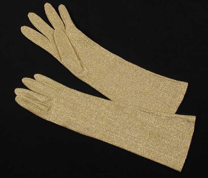 Paar halflange avondhandschoenen van goudkleurig tricot lurex
