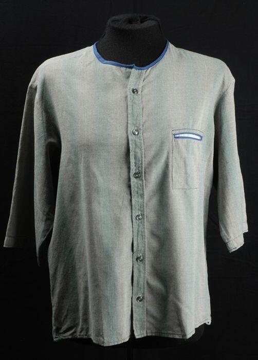 Blouse, grijs-groene katoen blauwe bies, gemaakt uit herenoverhemd