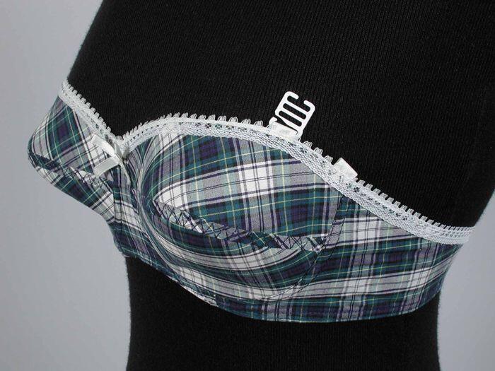 Strapless bustehouder, balkonette, schotse-ruit in wit, donkerblauw, donkergroen en geel, afgebiesd…