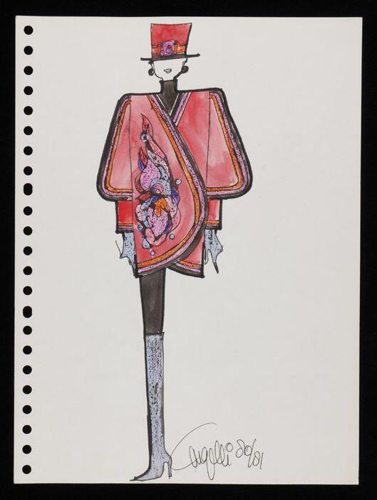 Mode-tekening, ontwerptekening in gemengde technieken op wit papier, "Cargelli 80/81"