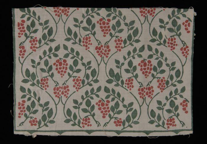 Stofstaal, katoen met dessin van ranken met druiventrossen in groen en rood, Kralingse…