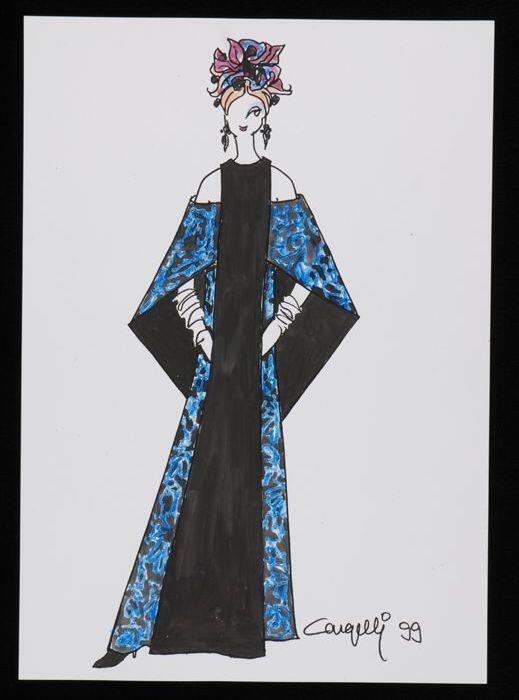 Mode-tekening, ontwerptekening in gemengde technieken op wit papier, "Cargelli 99"
