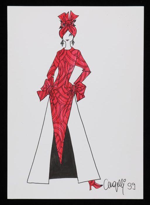 Mode-tekening, ontwerptekening in gemengde technieken op wit papier, "Cargelli 99"