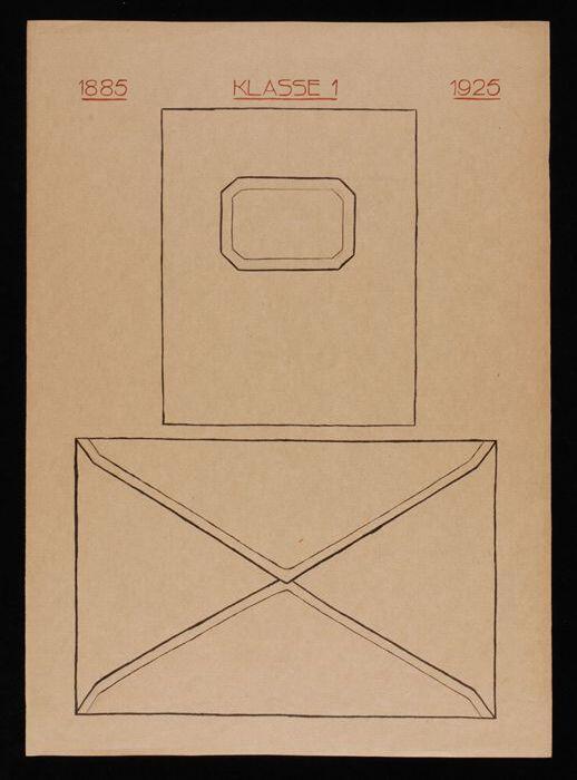 Presentatieblad, bruin papier met twee eenvoudige lijntekeningen van een envelop en schrift in…