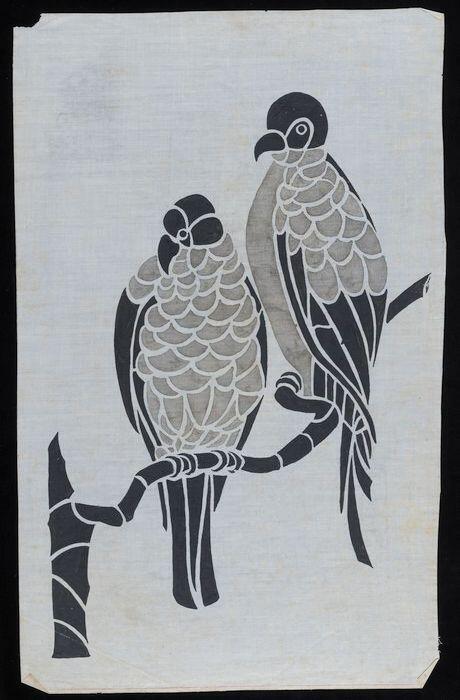 Ontwerptekening, tak met daarop twee vogels, in inkt en gewassen inkt op wasachtig katoen(?),…