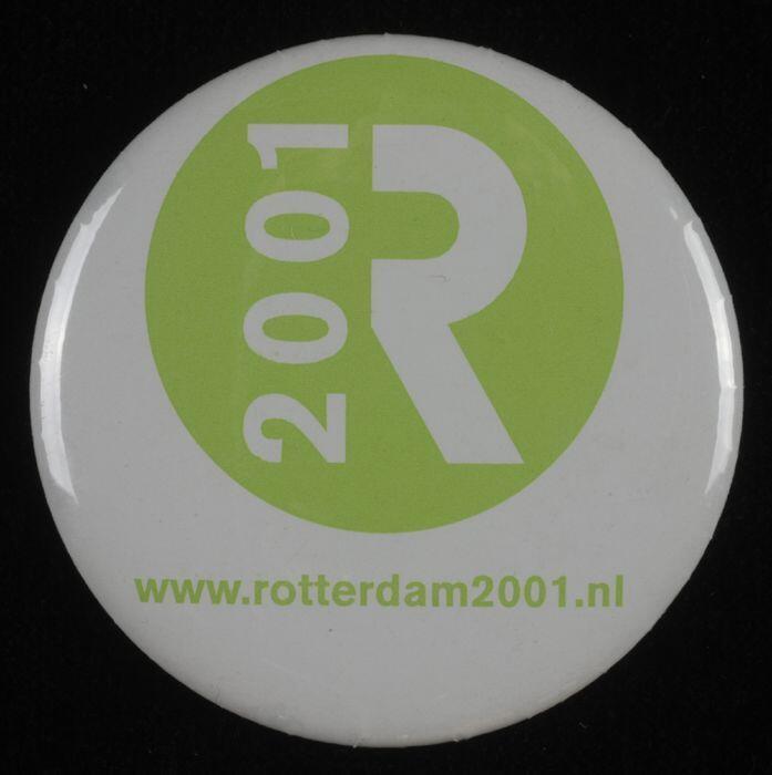 Groene button, Rotterdam 2001 Culturele Hoofdstad van Europa, "WWW.rotterdam2001.nl"