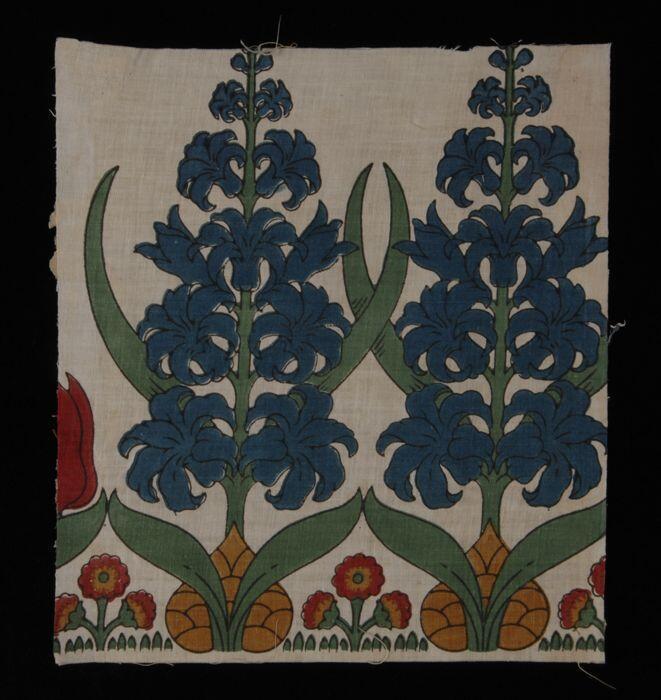 Stofstaal, katoen met veelkleurig dessin met bloemenrand van hyacinten, Kralingse katoenaatschappij…