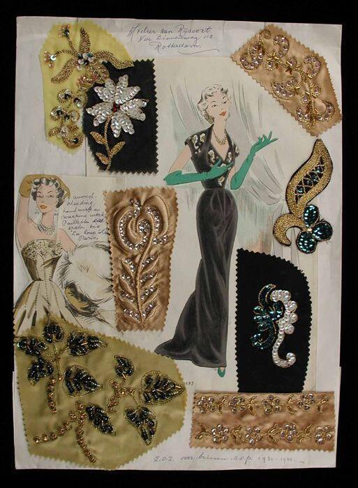 Stalenblad met collage en acht opgeplakte borduurstalen met kralen, pailletten en goudkoord,…