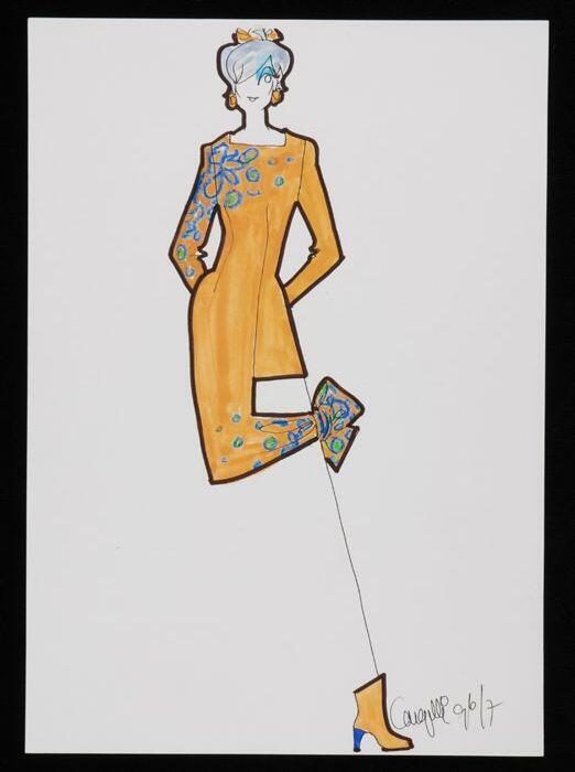 Mode-tekening, ontwerptekening in gemengde technieken op wit papier, "Cargelli 96/7"