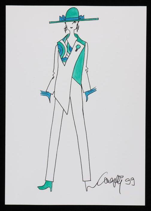 Mode-tekening, ontwerptekening in gemengde technieken op wit papier, "Cargelli 99"