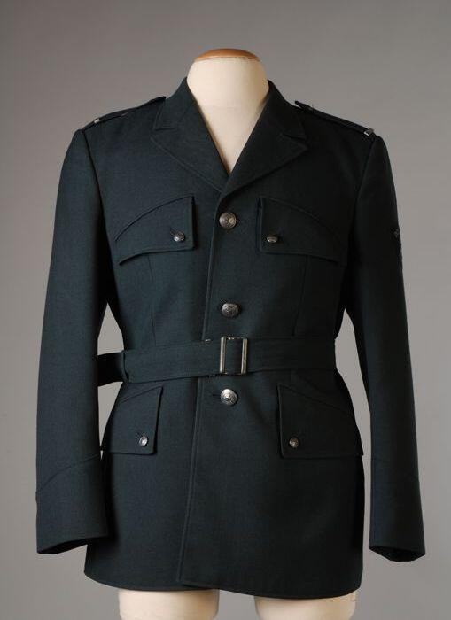 Uniformjas, colbert van antracietkleurig wol vier zakken en losse ceintuur, Nederlandse Douane