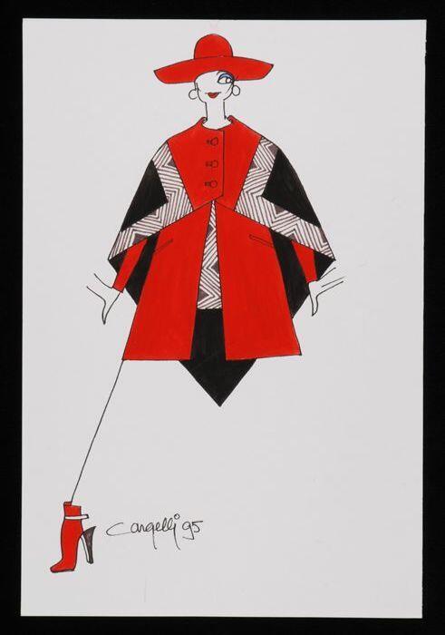 Mode-tekening, ontwerptekening in gemengde technieken op wit papier, "Cargelli 95"