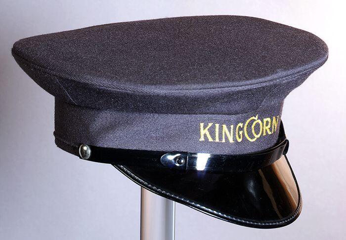 Grijze platte herenpet, onderdeel uniform, "King Corn"