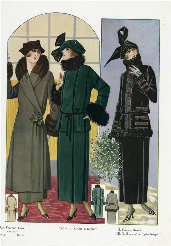 La Femme Chic, Trois tailleurs élégants; Créations Drecoll; Tailleurs ornée 'galon frangella'