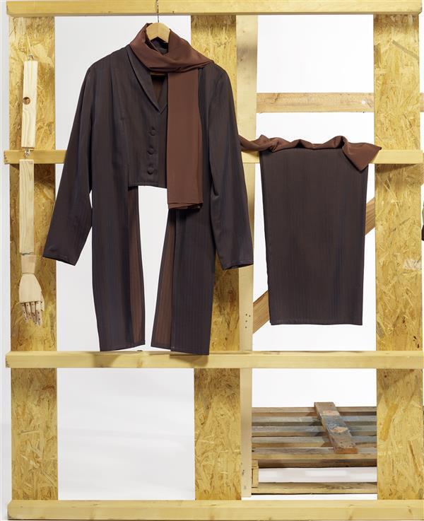 Broekpak of ensemble van bruin synthetisch weefsel gemengd met wol, met ingeweven visgraat,…