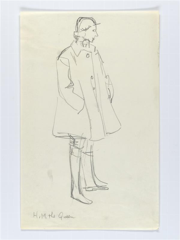 Illustratie van koningin Elizabeth, gekleed in wijde mantel, lange broek en hoge laarzen