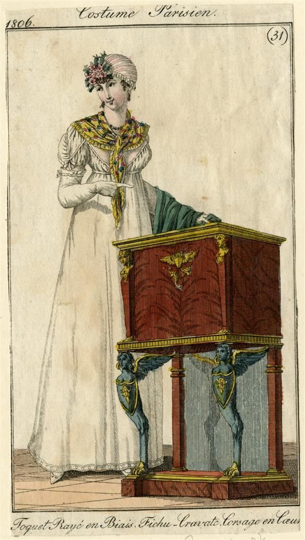 Costume Parisien 'Toquet Rayé en Biais. Fichu-Cravate. Corsage en Coeur'