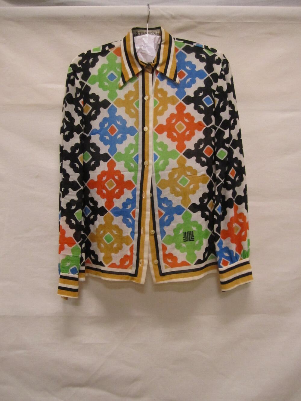 Blouse van crêmekleurige wollen voile met opdruk in zwart, oranje, groen, blauw en okergeel in…