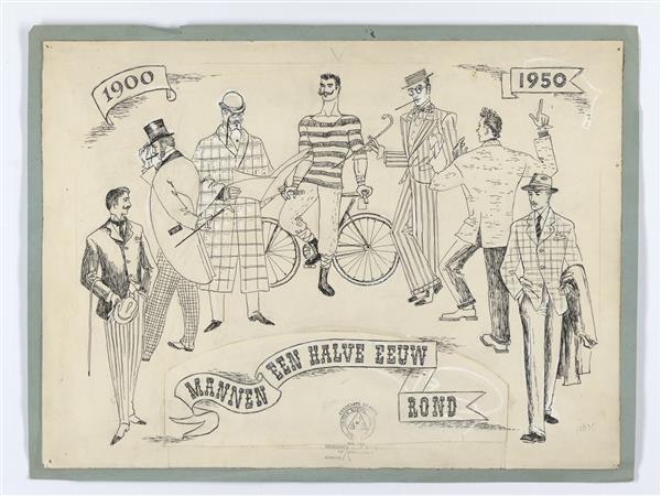 Modetekening van zeven mannenfiguren in mannenmode 1900-1950
