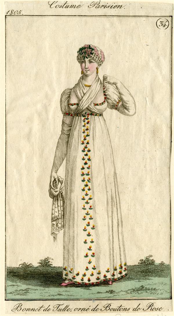Costume Parisien 'Bonnet de Tulle, orné de Boutons de Rose'