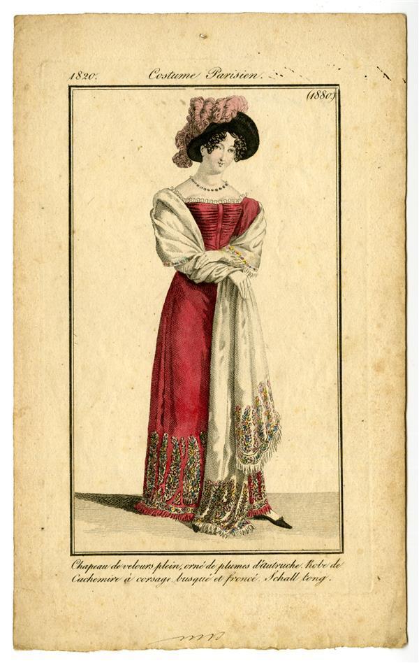 Costume Parisien 'Chapeau de velours plein, orné de plumes d'Autruche. Robe de cachemir à corsage…
