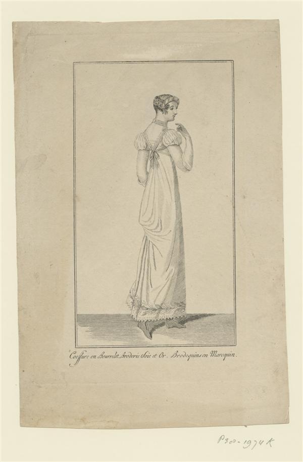 Costume Parisien. Coeffure en Bourrelet. Broderie Soie et Or. Brodequins de Maroquin.