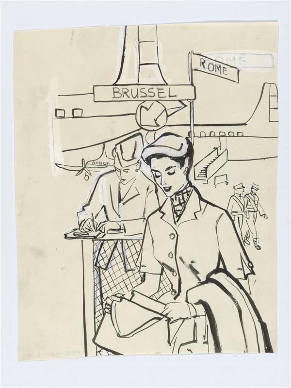 Illustratie van vrouw in jurk, naast stewardess met vliegtuig op de achtergrond