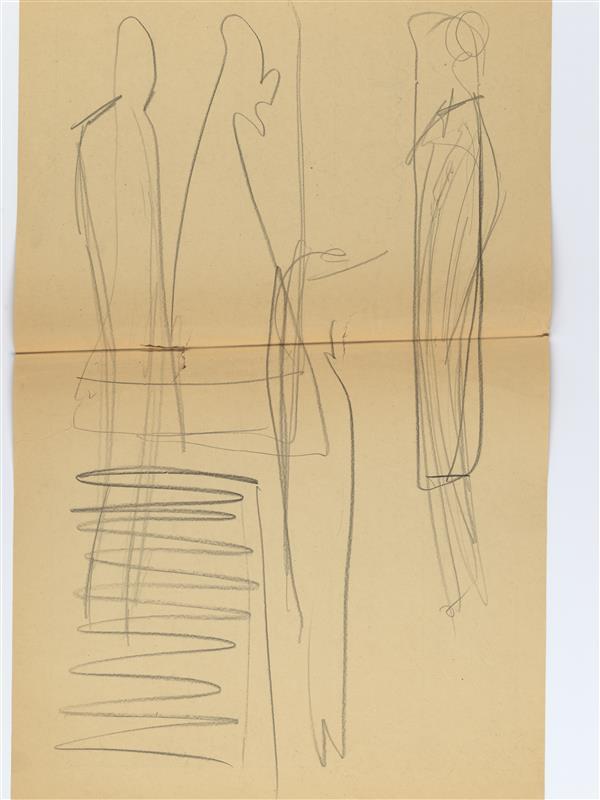 Illustratie van drie figuren, staand afgebeeld, waarvan rechts vrouw met knot(?)