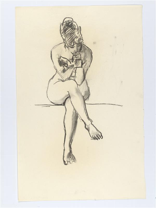 Modeltekening van zittende naakte vrouwfiguur