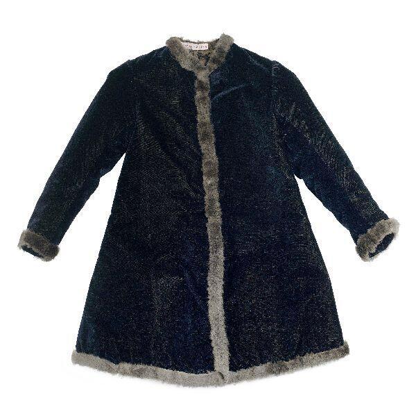 Jasje (kind) van marineblauw fluweel en grijs bont. Hooggesloten, getailleerd model met blinde…