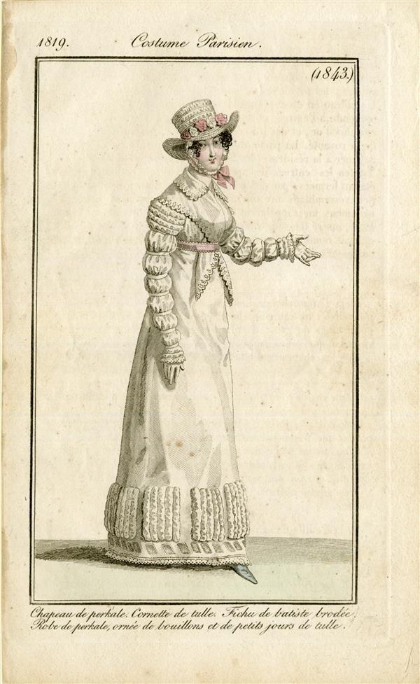Costume Parisien 'Chapeau de perkale. Cornette de tulle. Fichu de batiste brodée. Robe de perkale,…