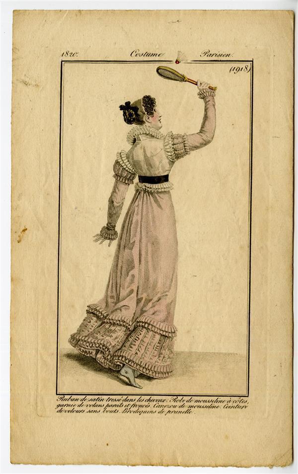Costume Parisien 'Ruban de satin tressé dans les cheveux. Robe de mousseline à côtes, garnie de…