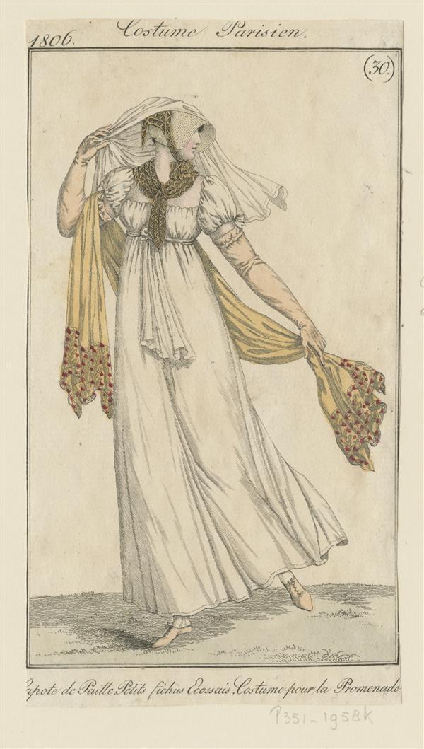 Costume Parisien 'Capote de Paille. Petits fichus Ecossais. Costume pour la Promenade'