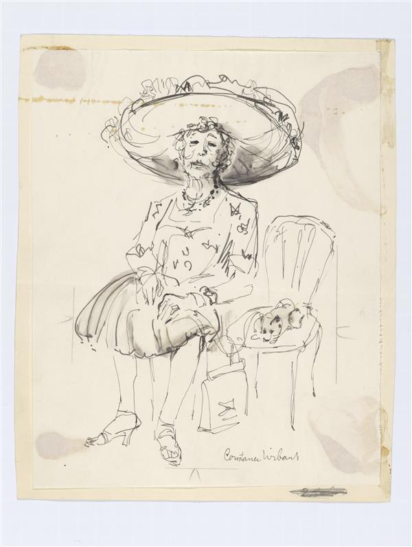 Illustratie van Madame Utrillo, zittend op stoel met hondje