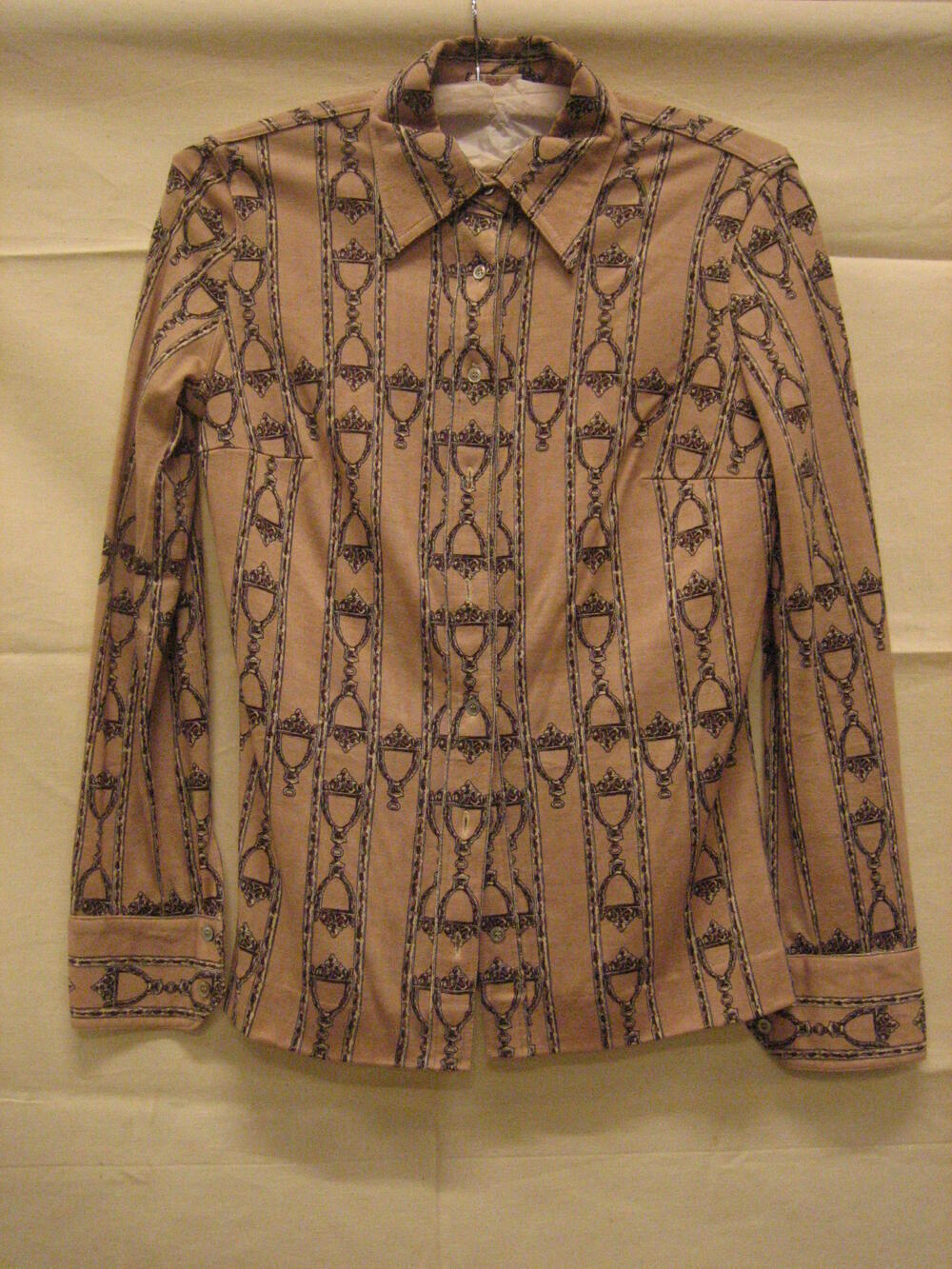 Blouse van wollen tricot, beige fond met print van paardenbit in bruin en crème kleur