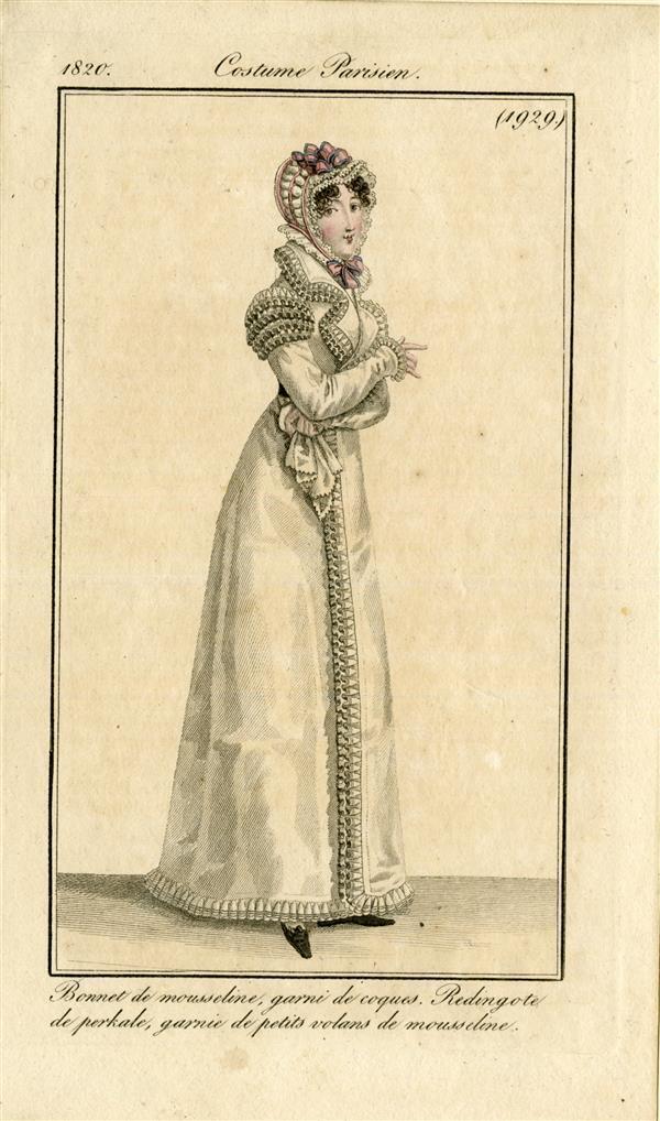Costume Parisien 'Bonnet de mousseline, garni de coques. Redingote de perkale, garnie de petits…