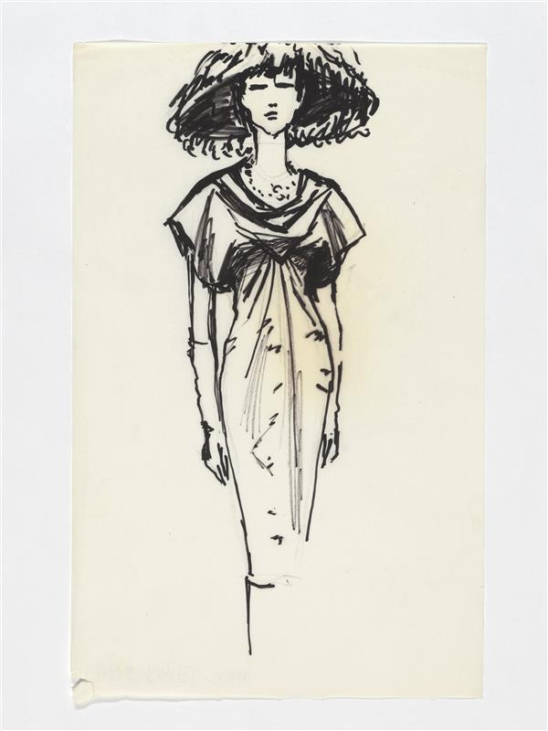 Modetekening van vrouwfiguur in dinerjurk Balenciaga
