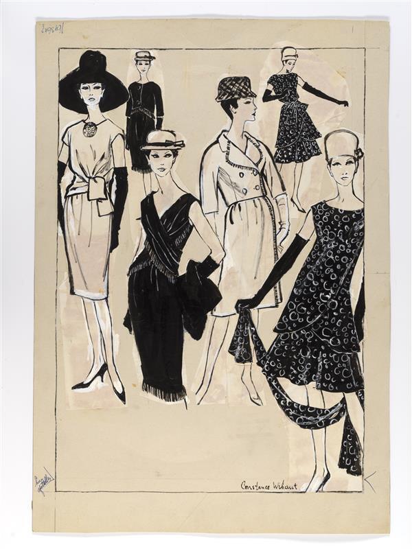 Modetekening van zes vrouwfiguren in kleding van Givenchy
