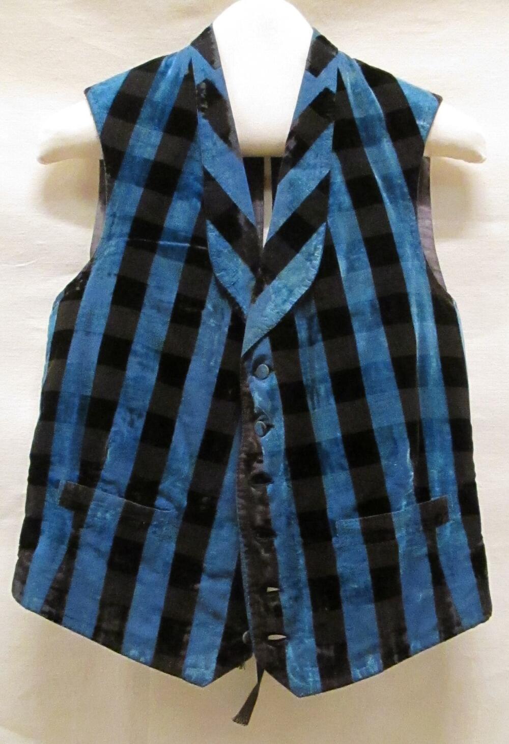 Vest (man) van blauw/zwart gestreept fluweel, achterpand en voering van zwart katoen