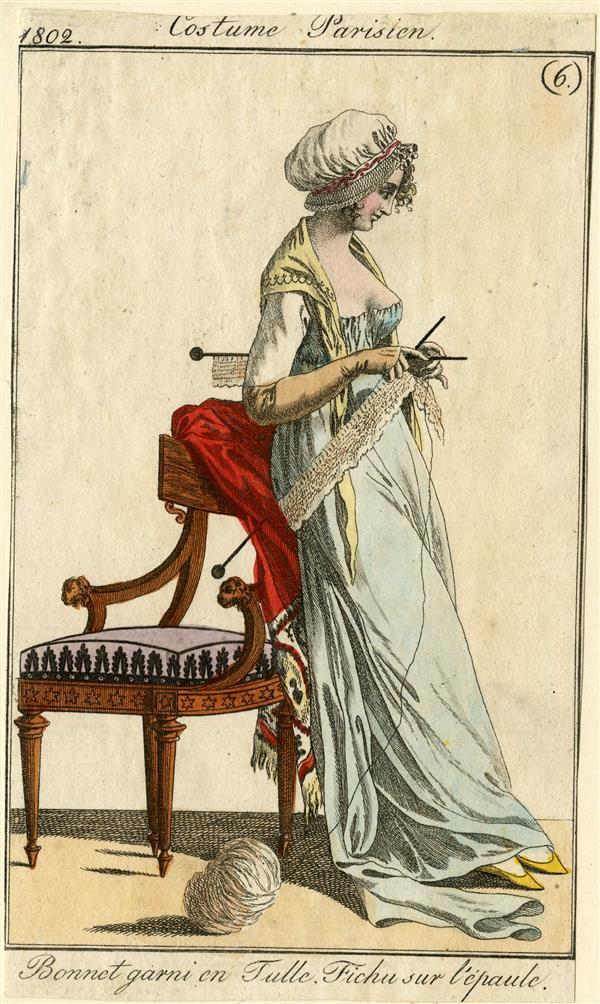 Costume Parisien 'Bonnet garni en Tulle. Fichu sur l'epaule'