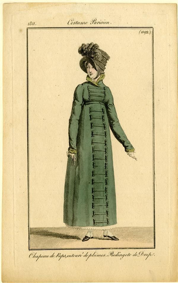 Costume Parisien: 'Chapeau de Reps, entouré de plumes. Redingote de Drap'