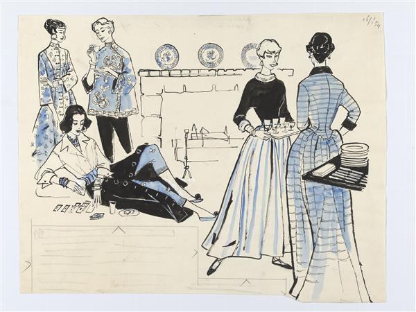 Illustratie van vijf vrouwen in huiskleding rond haard