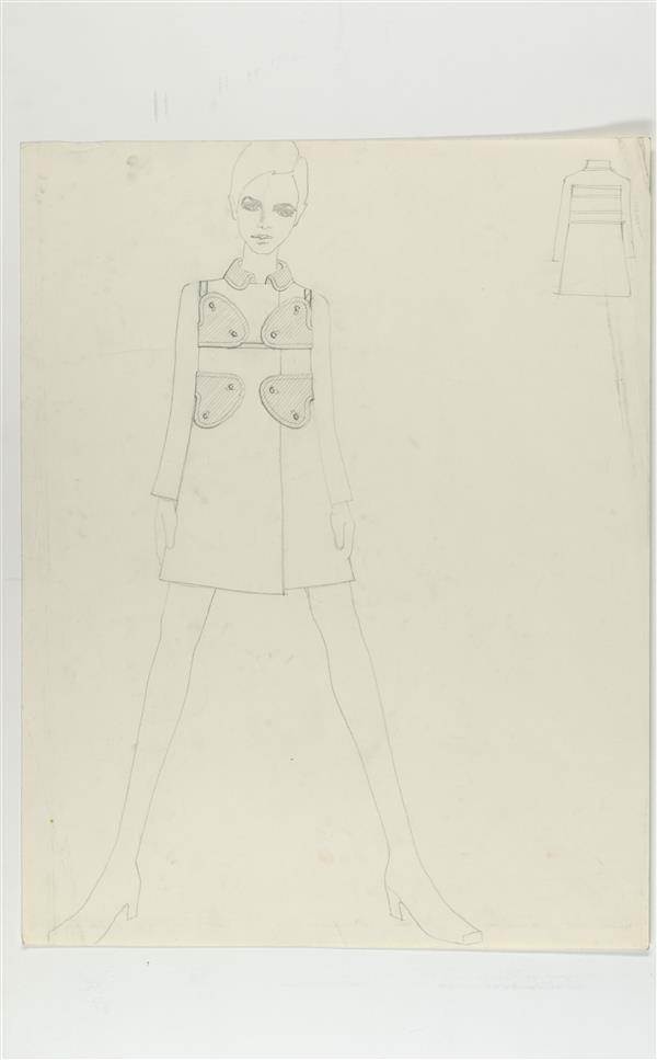 Ontwerptekening van mini-jurk met assymetrisch voorpand