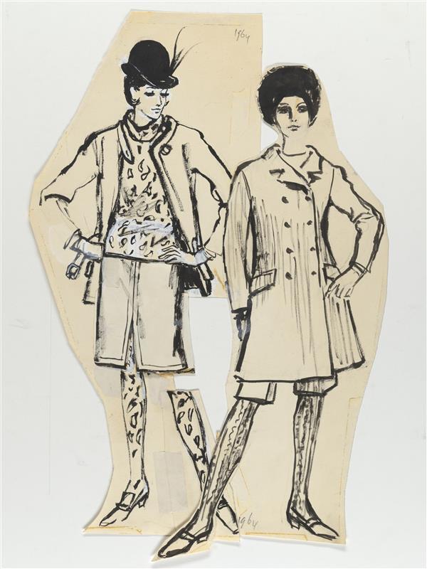 Modetekening van trois-pièces Cardin en ensemble Lanvin